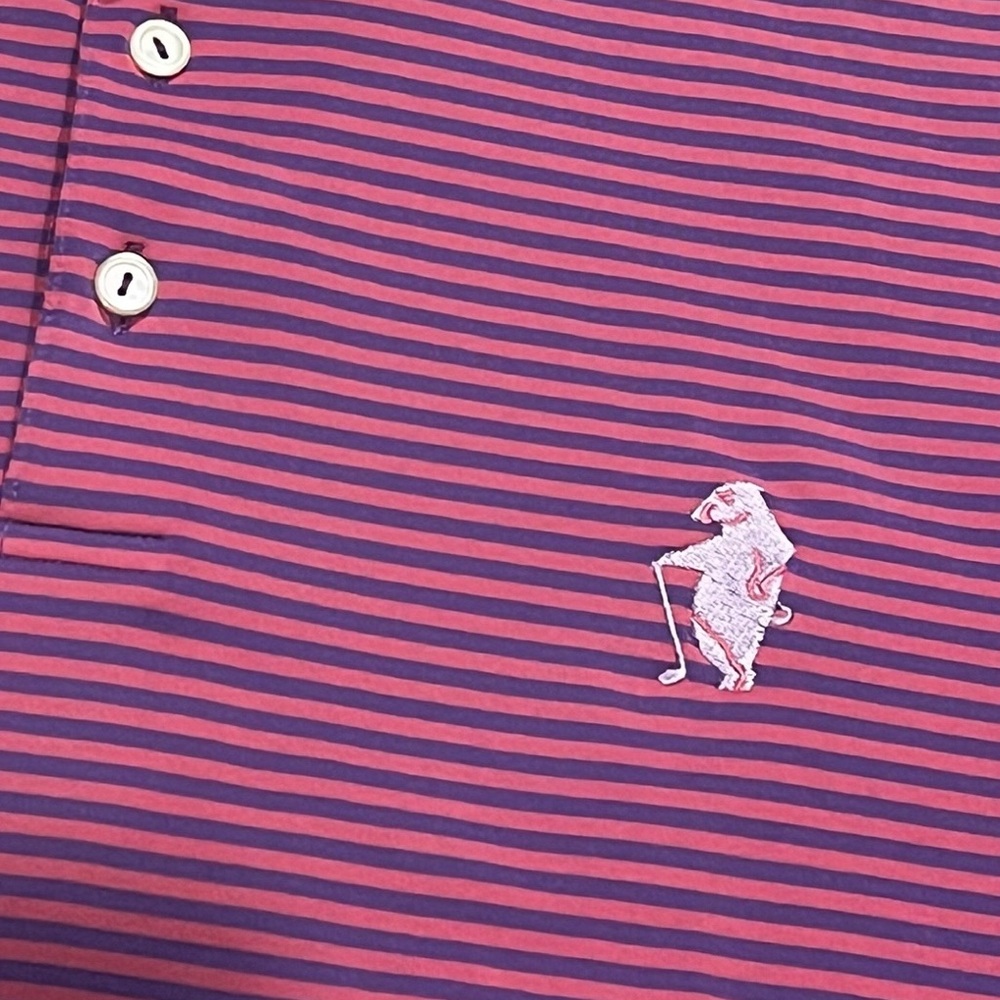 Peter Millar Summer Comfort Polo Mens Large Pink Purple Stripe Golf Gopher Logo